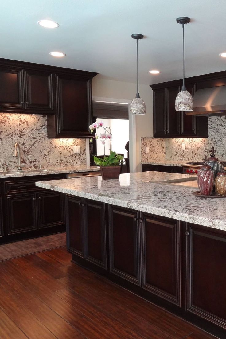 Bianco Antico Granite Countertop Full Height Backsplash Dark Cabinet