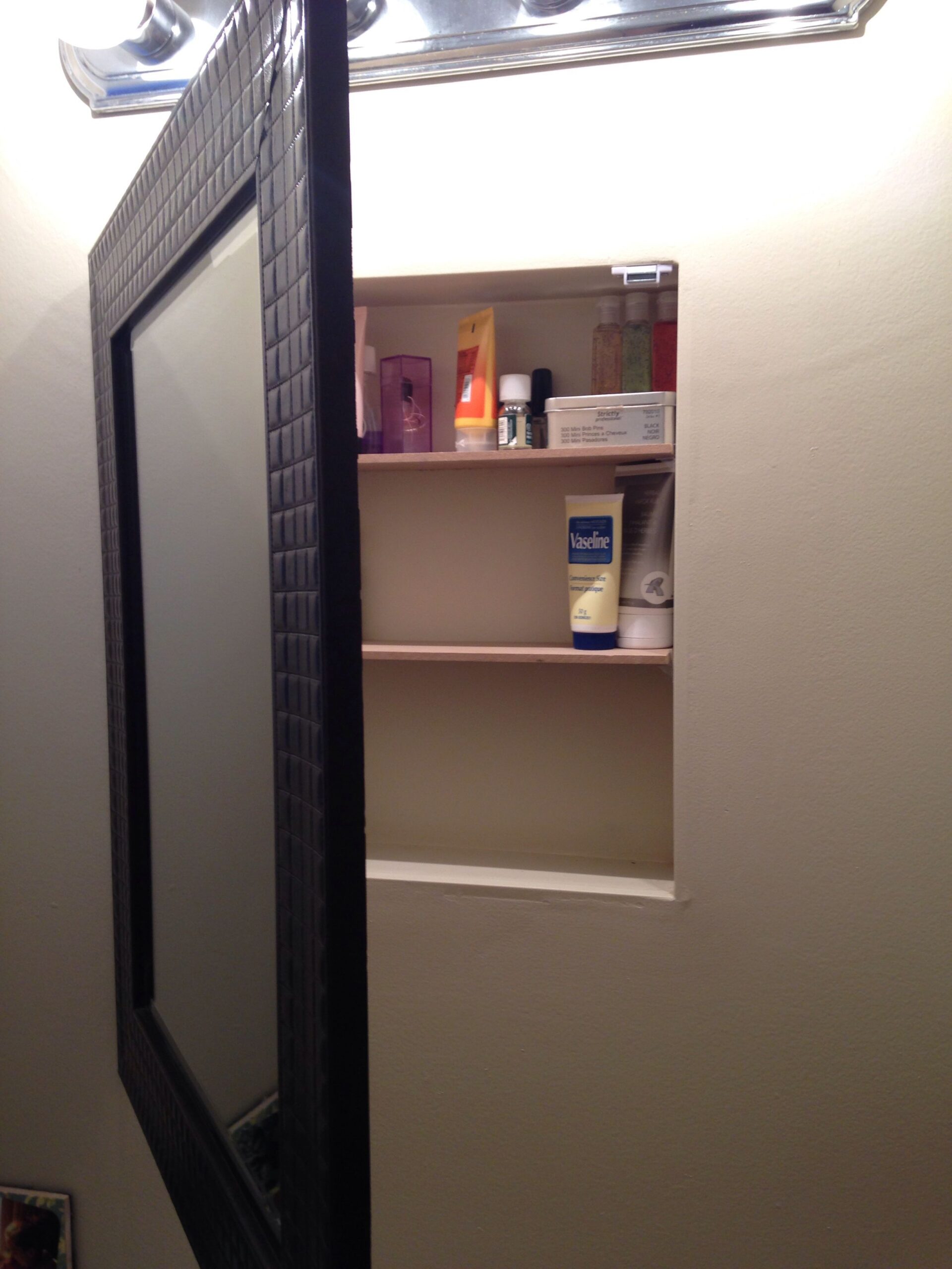 How to Build a Medicine Cabinet with Mirror Medicine cabinet wall old diy mirror bathroom hinged mirrors removed hole cabinets hinge painted patched piano makeover sliding then paint