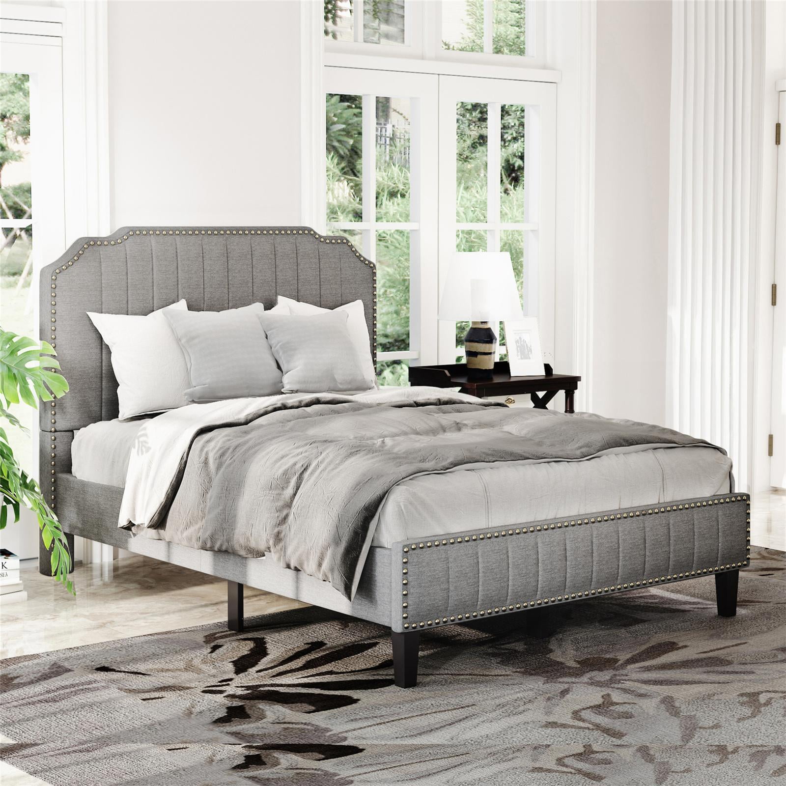 wood bed frame with upholstered headboard Mecor upholstered linen platform twin size bed metal frame