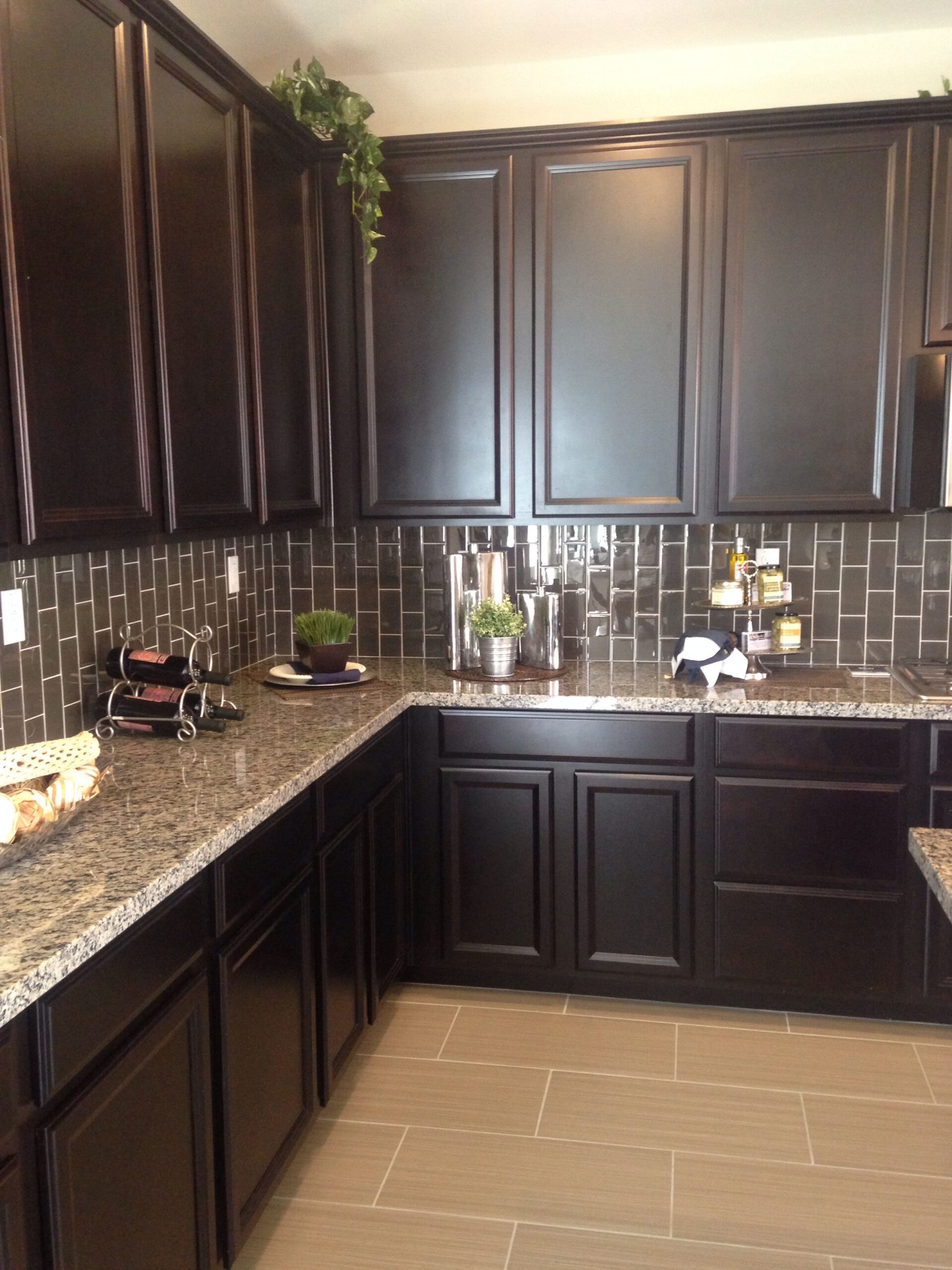 Dark Cabinets with Light Backsplash Showhouse counters herringbone haven soapstone houseminds travertine