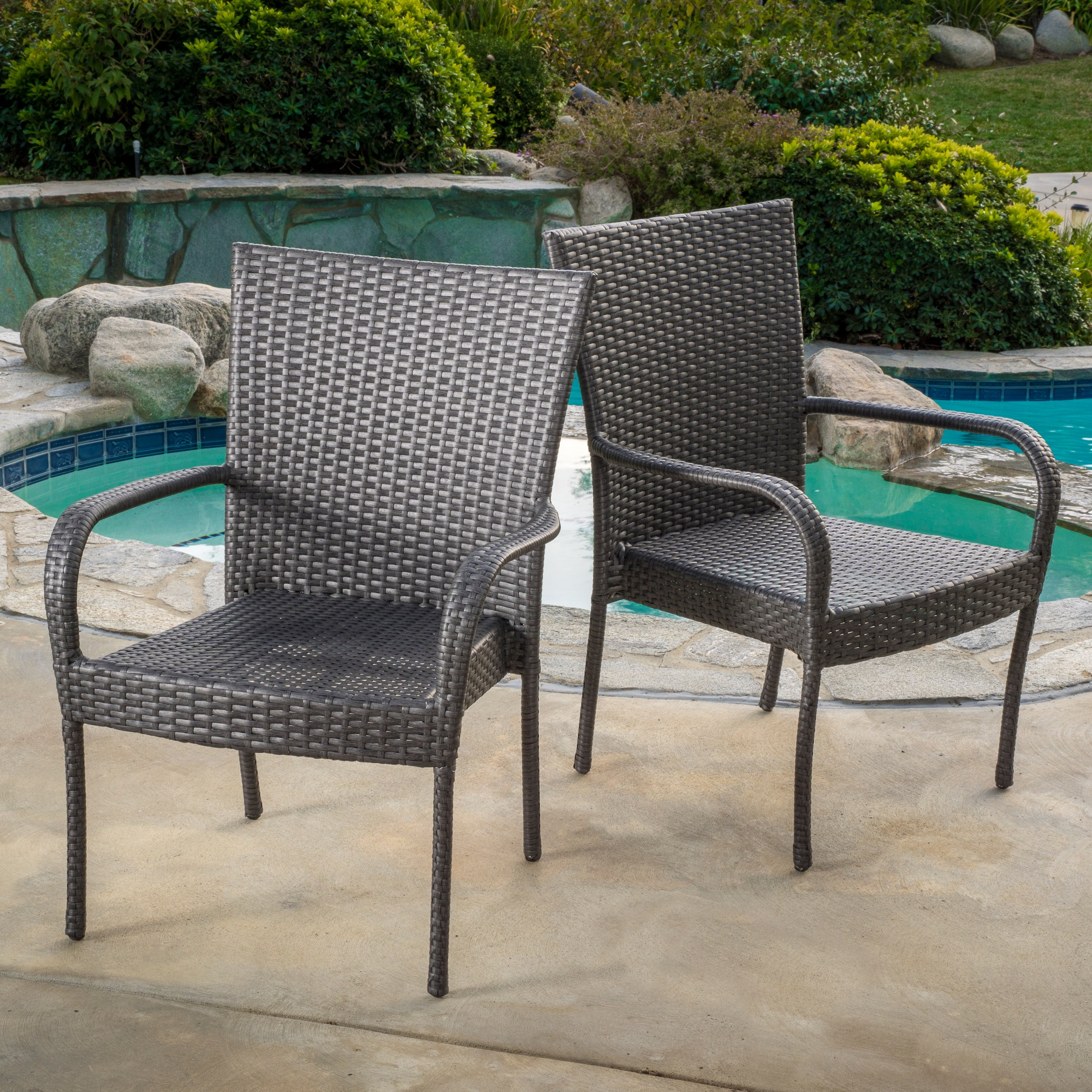 Noble House Outdoor PE Wicker Grey Stackable Club Chairs (Set of 2