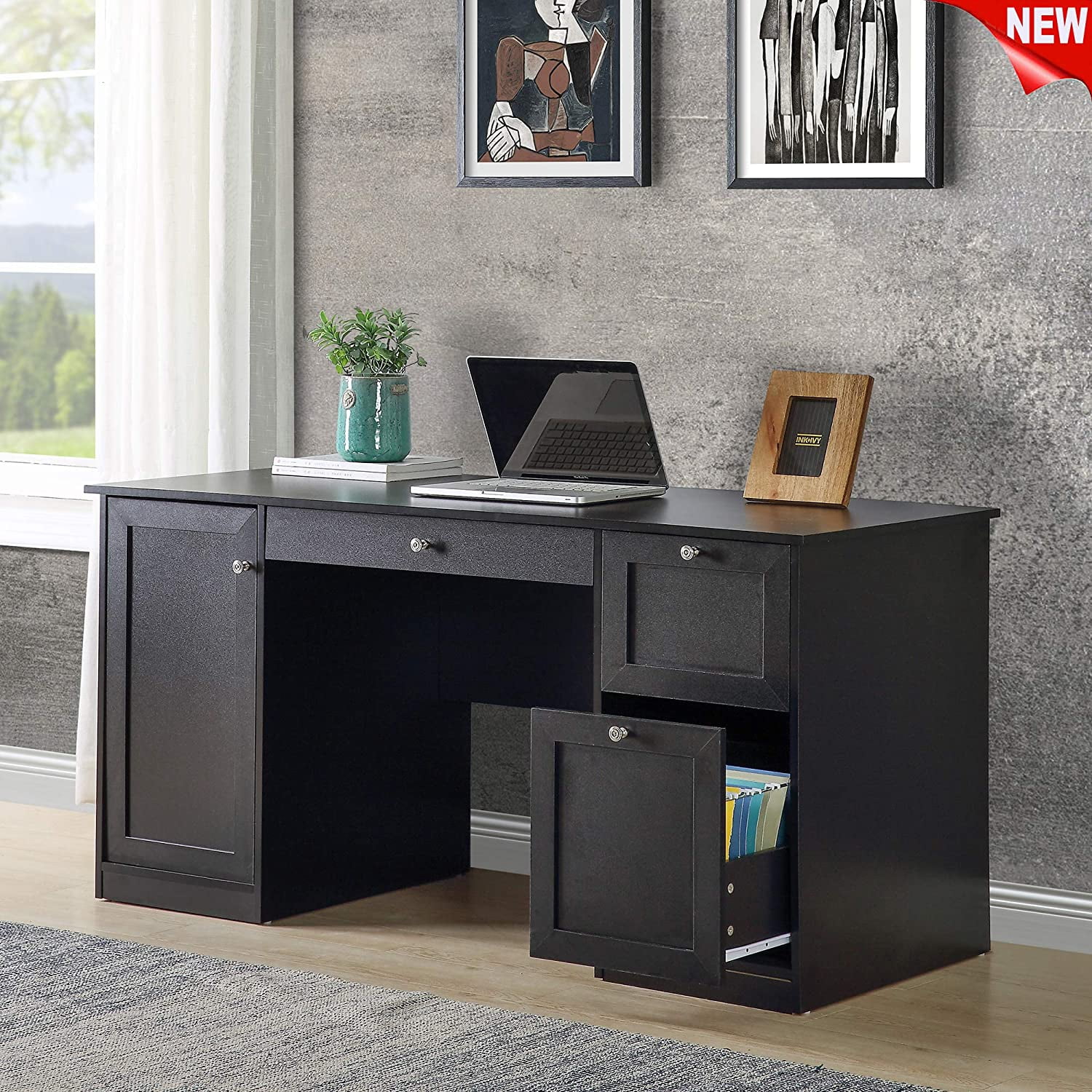 black computer desk with keyboard tray Black computer desk with keyboard tray and printer stand – axess