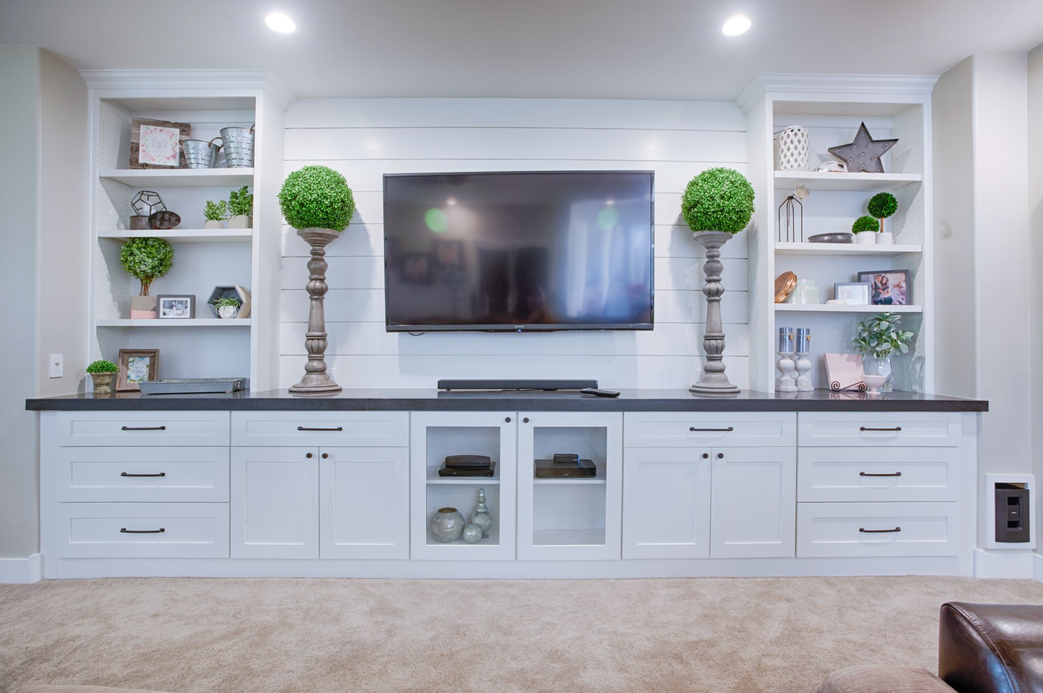 Living Room Shaker Style Built in Cabinets Shiplap entertainment center