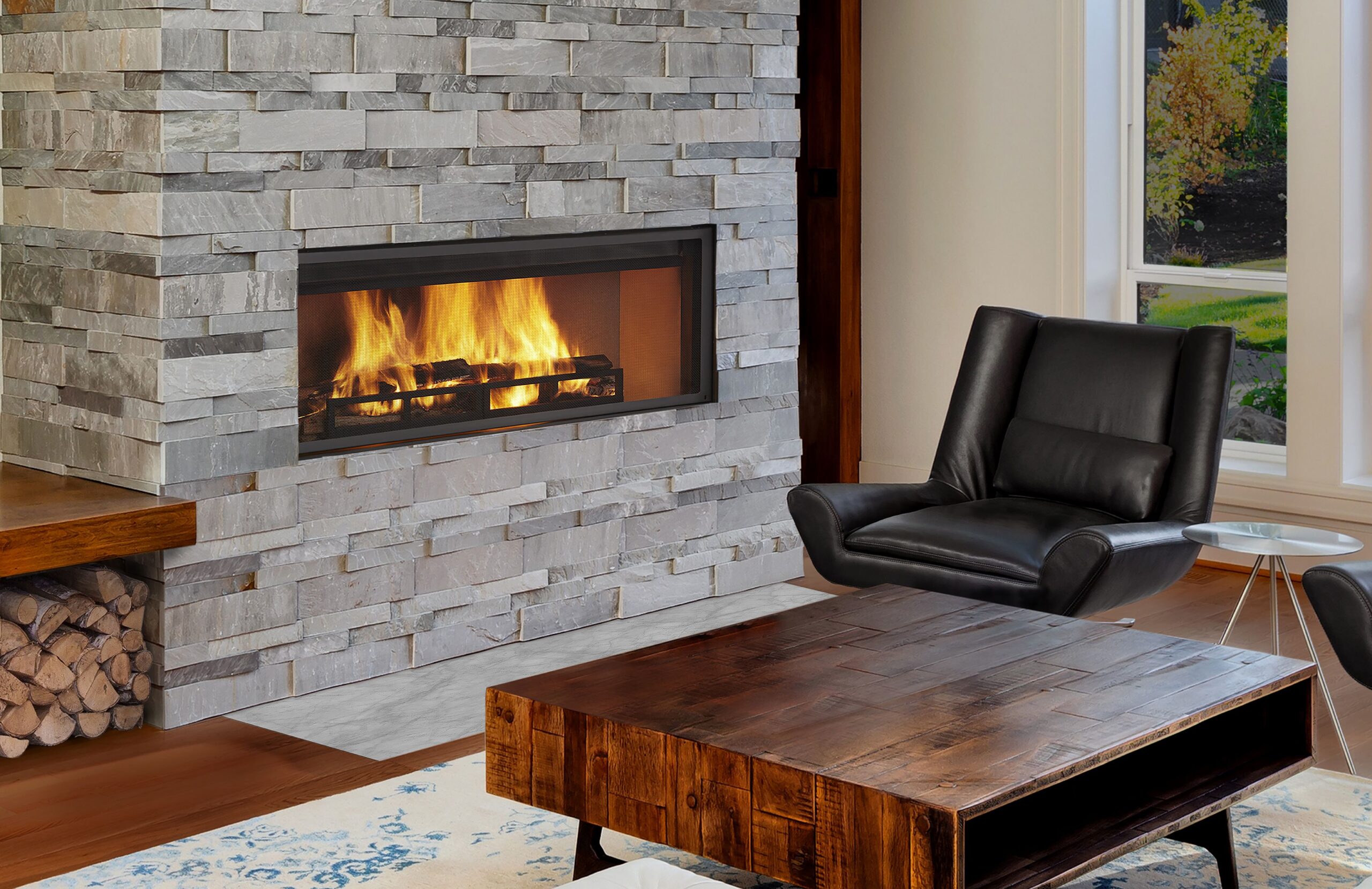 Linear Wood-Burning Fireplace Renaissance linear 50 with long grills and 50" of wall-to-wall fire