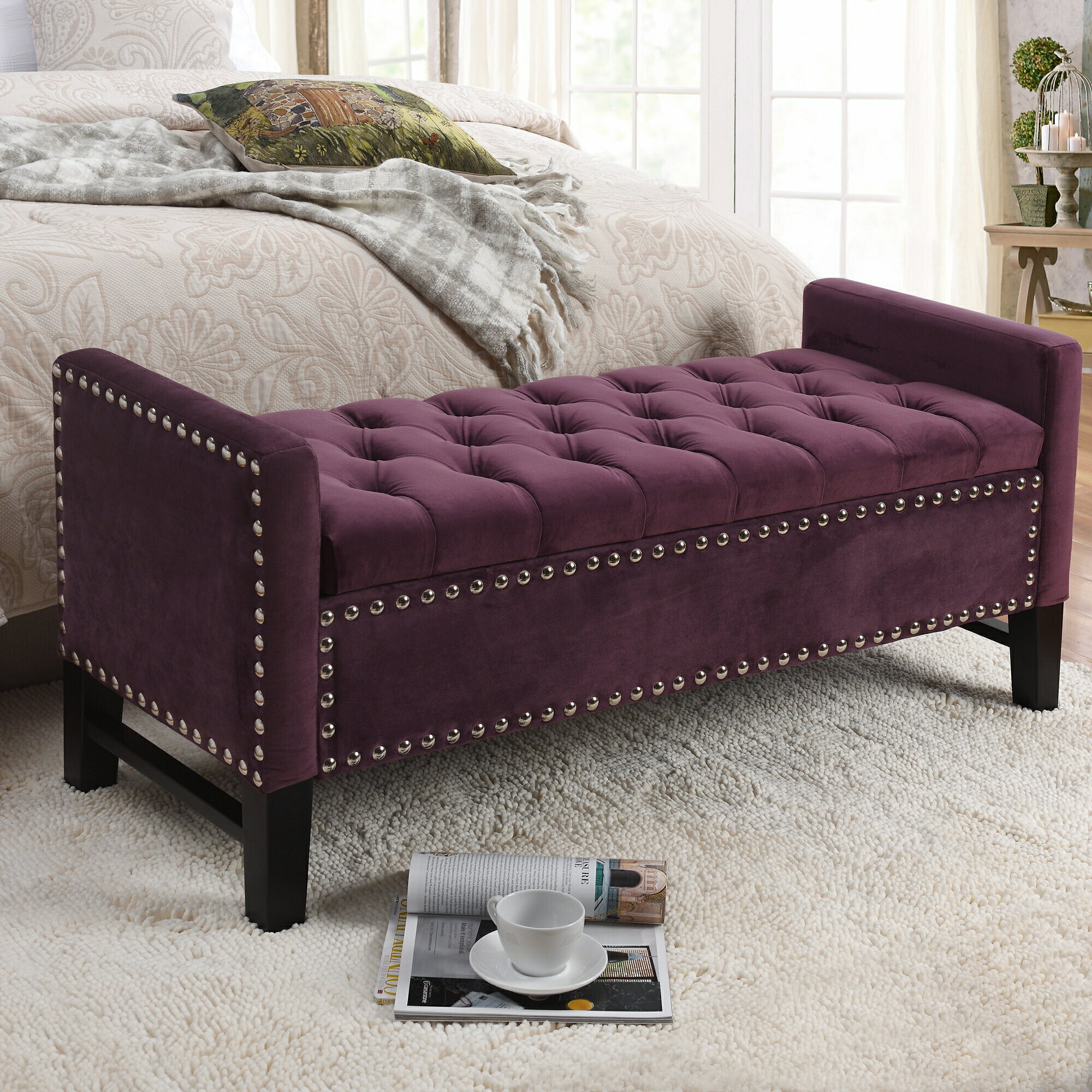 Tufted Platform Bed with Storage Bench Velvet oversize tufted platform bed with tufted storage bench