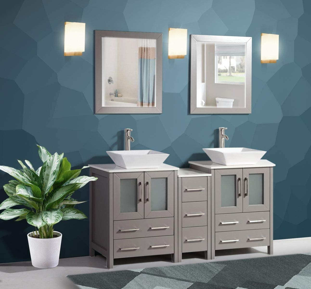 Vanity Art 60" Double Sink Bathroom Vanity Combo Set Solid Wood Quartz