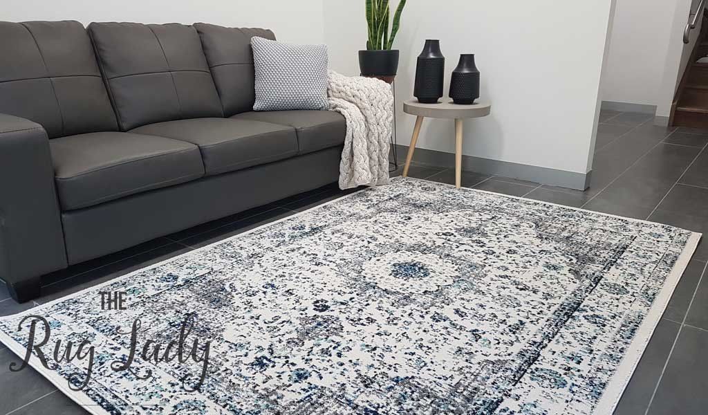 Black White Blue Oriental Rug Ivory transitional theruglady