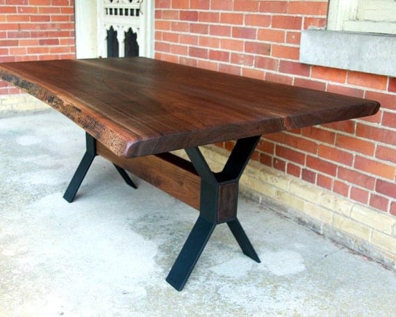 Live Edge Dining Table with Metal Legs Live edge salvaged maple dining table custom metal legs chrome modern