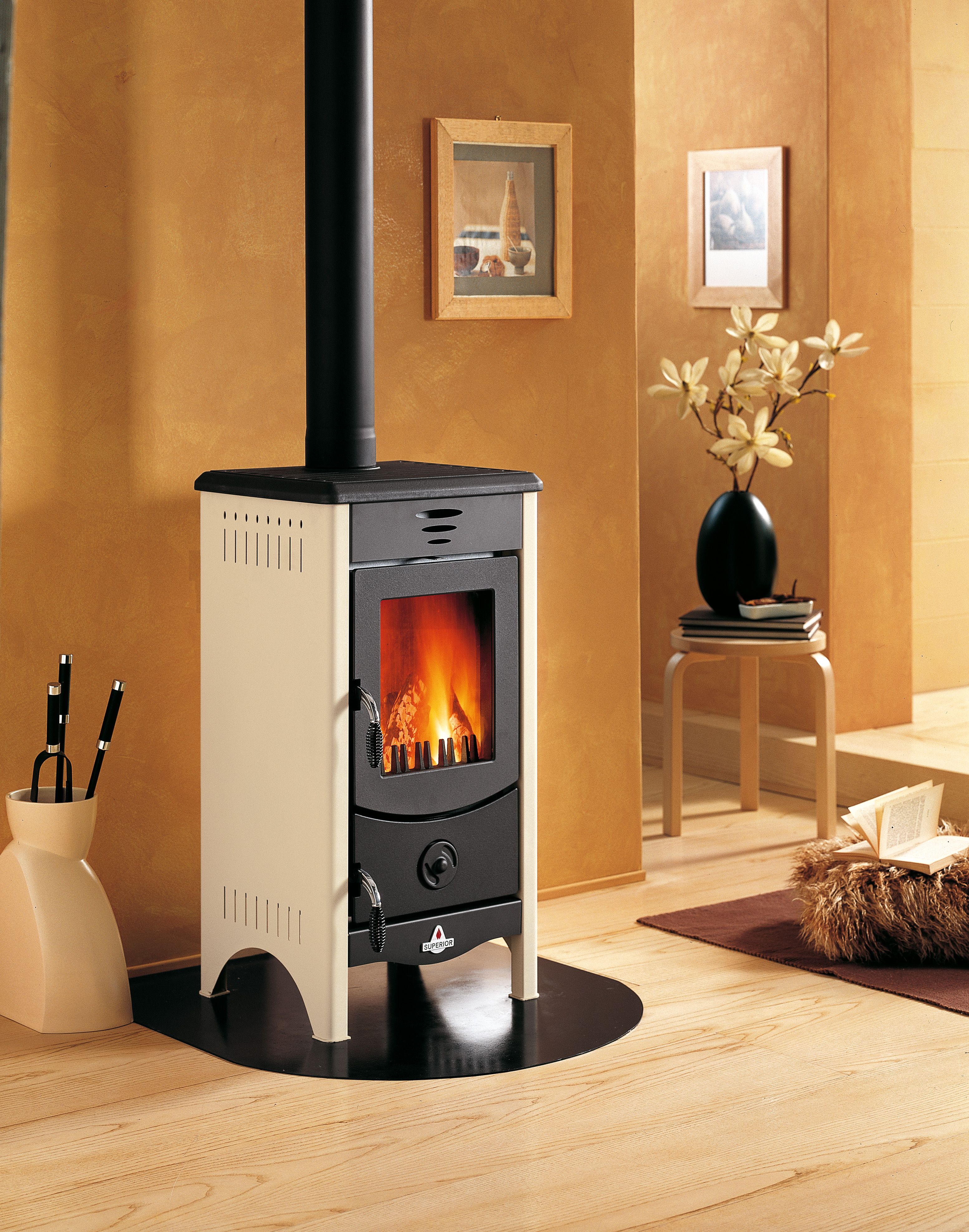 The Micaela Wood Burning Fireplace is a compact, free standing